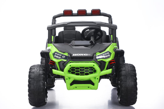 A bright lime green and black kids' electric ride-on UTV toy with a roll cage, large off-road tires, and a roof-mounted light bar, shown from the front on a white background.