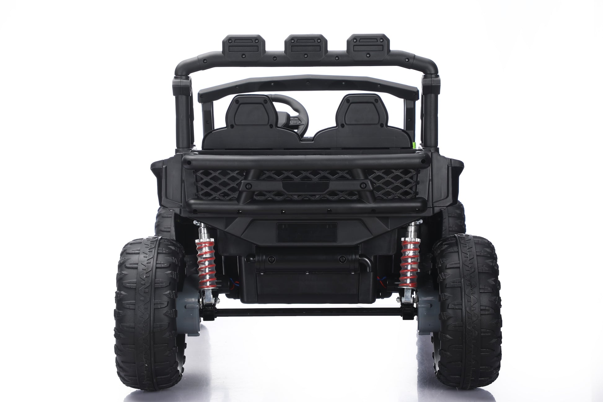 Rear View of Blazer UTV 24v 2-seater, with metal chassis and lifted suspension 