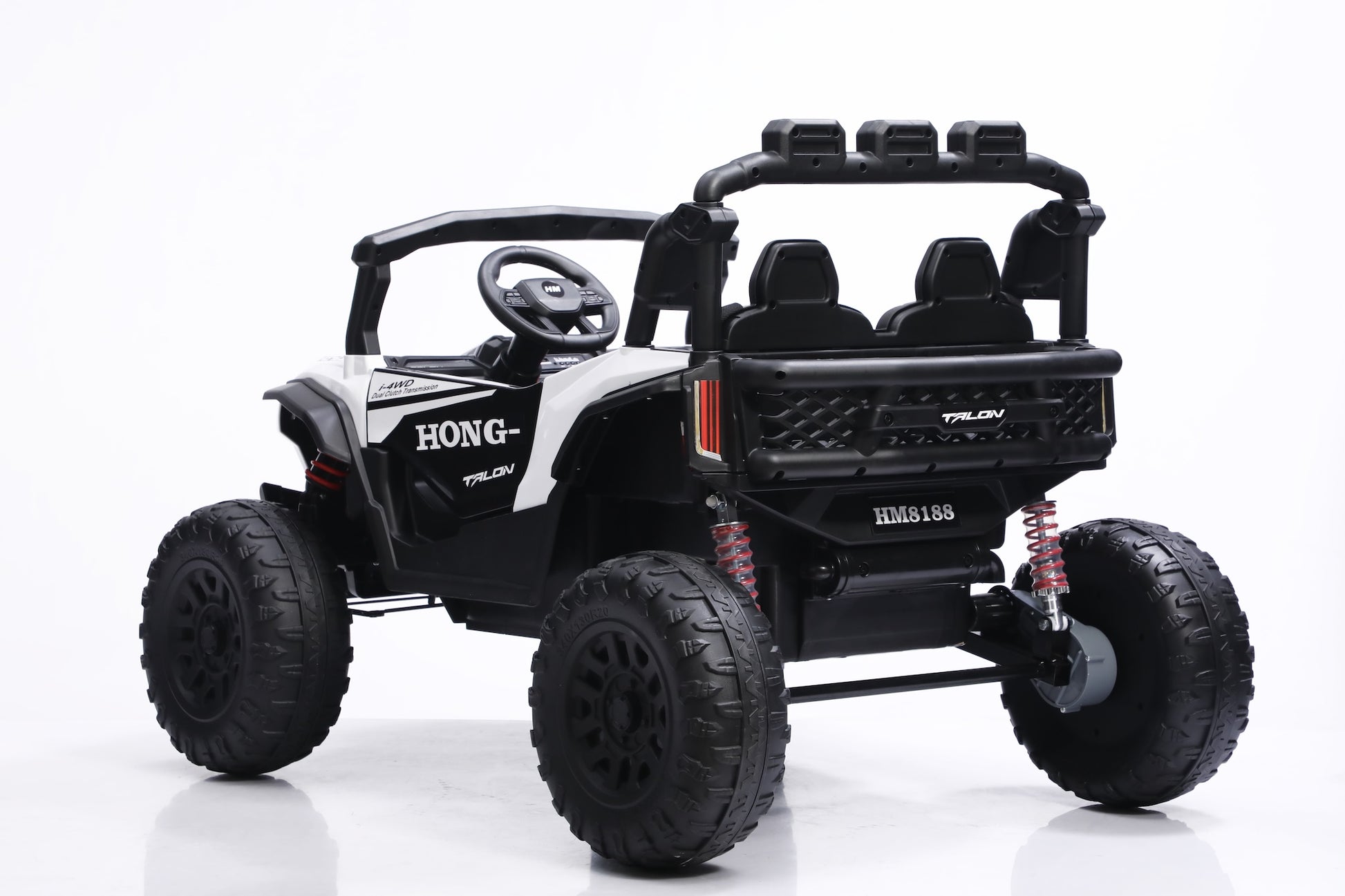 kids utv 24v 2 seater rear left view with lifted suspension blazer utv 2 seater
