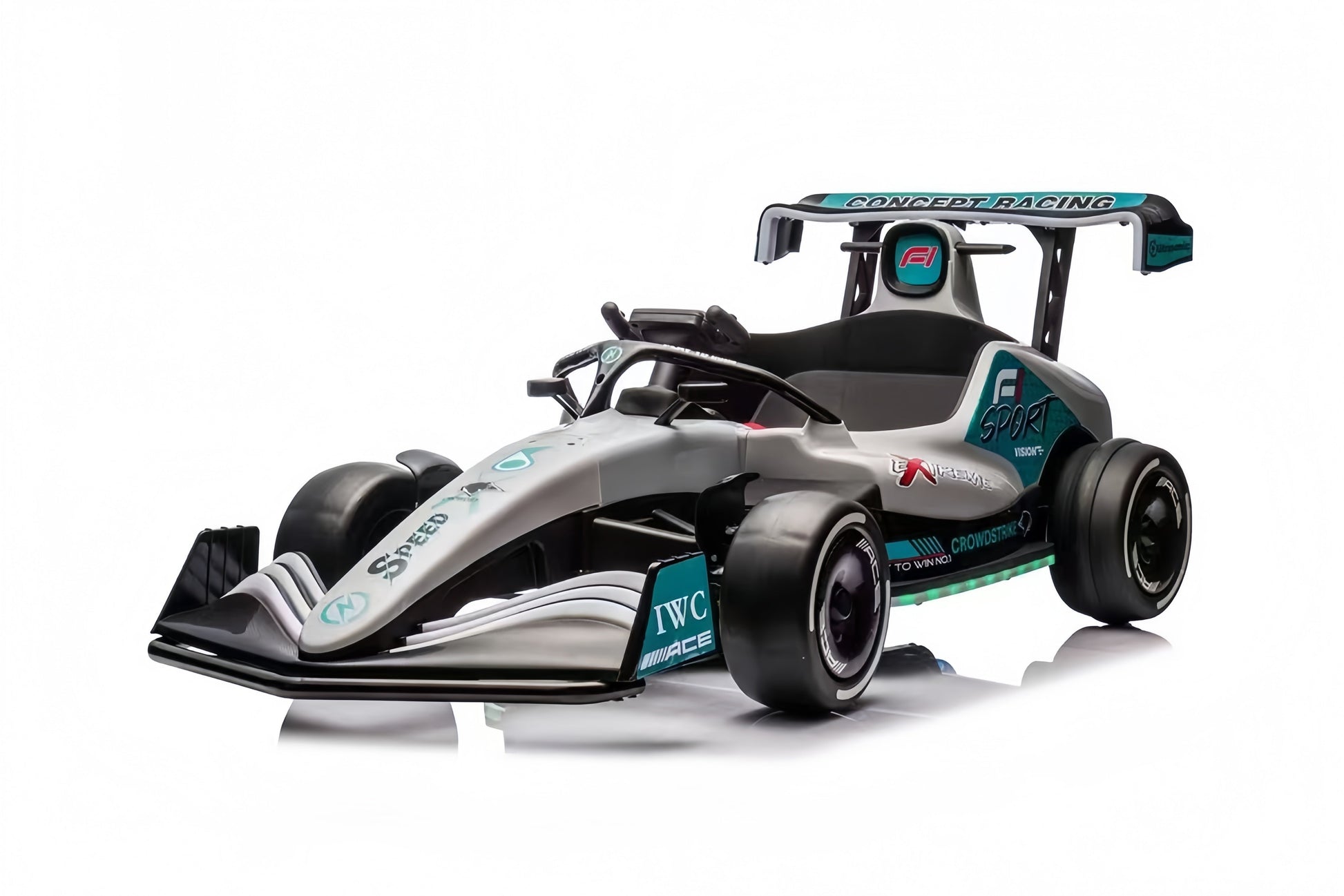 Formula F1 24V Kids Ride-On Go-Kart with brushless motor, drifting rear wheels, LED glow lights, leather seat, Bluetooth stereo, parental remote control, metal chassis, and dual-size adjustable pedals for kids and small adults. High-speed 24V battery-powered electric racing go-kart for ultimate fun and performance