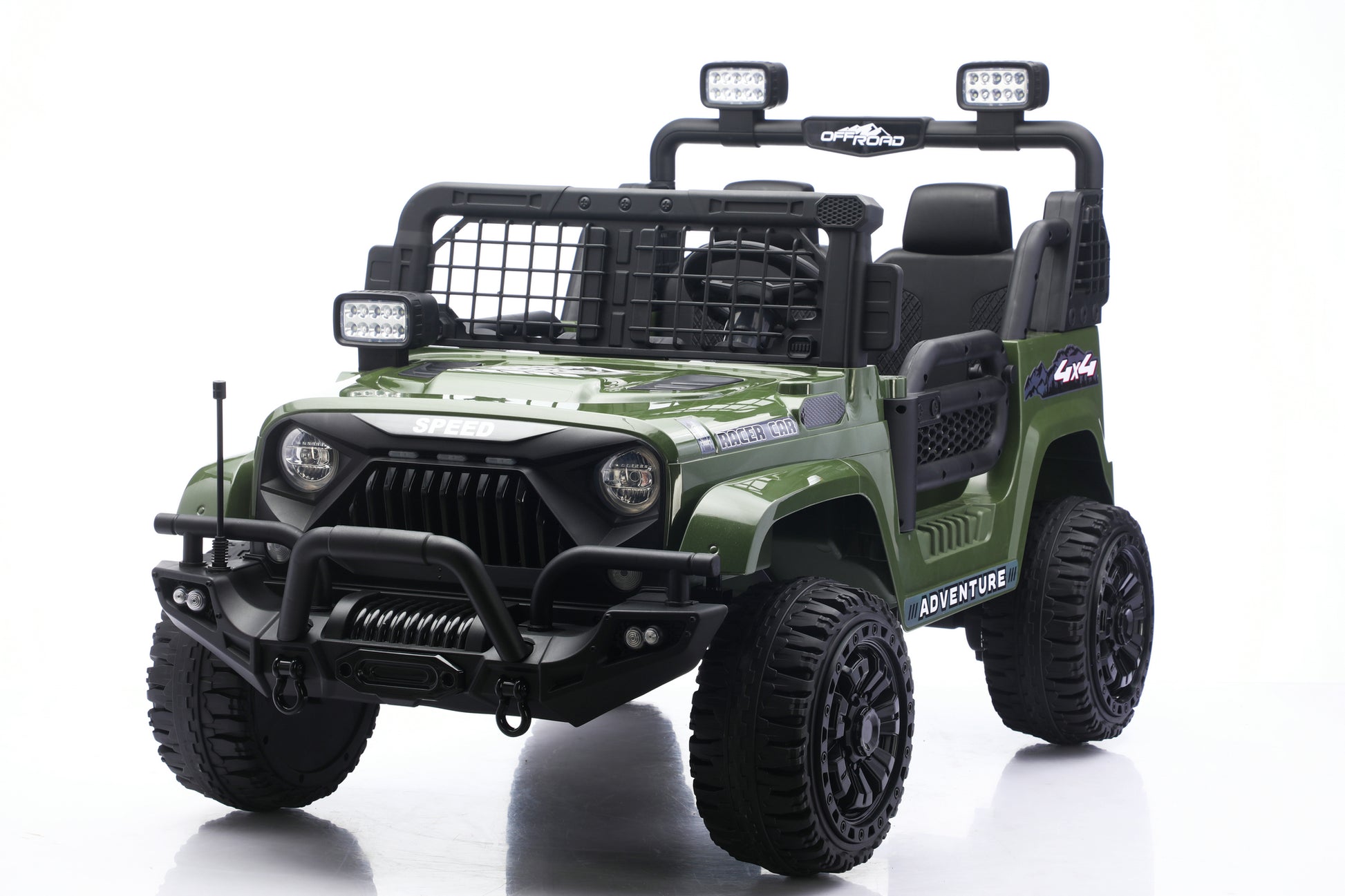 An olive green and black toy Jeep-style ride-on vehicle with large off-road tires, a front bumper guard, roll bars, and roof-mounted LED lights, photographed on a clean white studio background.
