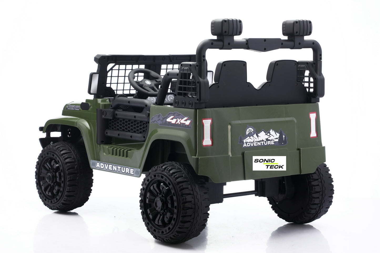 An olive green and black 4-seat electric ride-on toy jeep with rugged off-road tires, roll bars, and decorative decals including 'SONIC TECK' and 'ADVENTURE' on a white background.