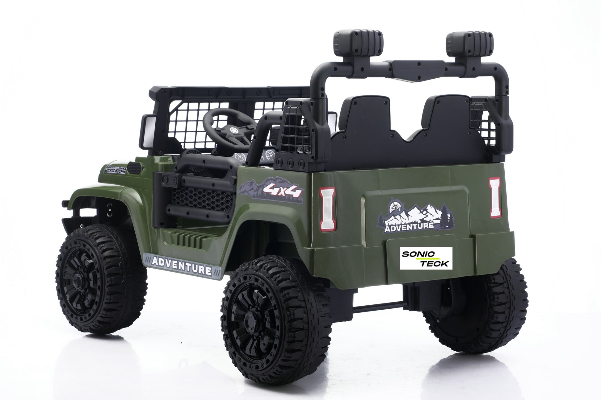 An olive green and black 4-seat electric ride-on toy jeep with rugged off-road tires, roll bars, and decorative decals including 'SONIC TECK' and 'ADVENTURE' on a white background.