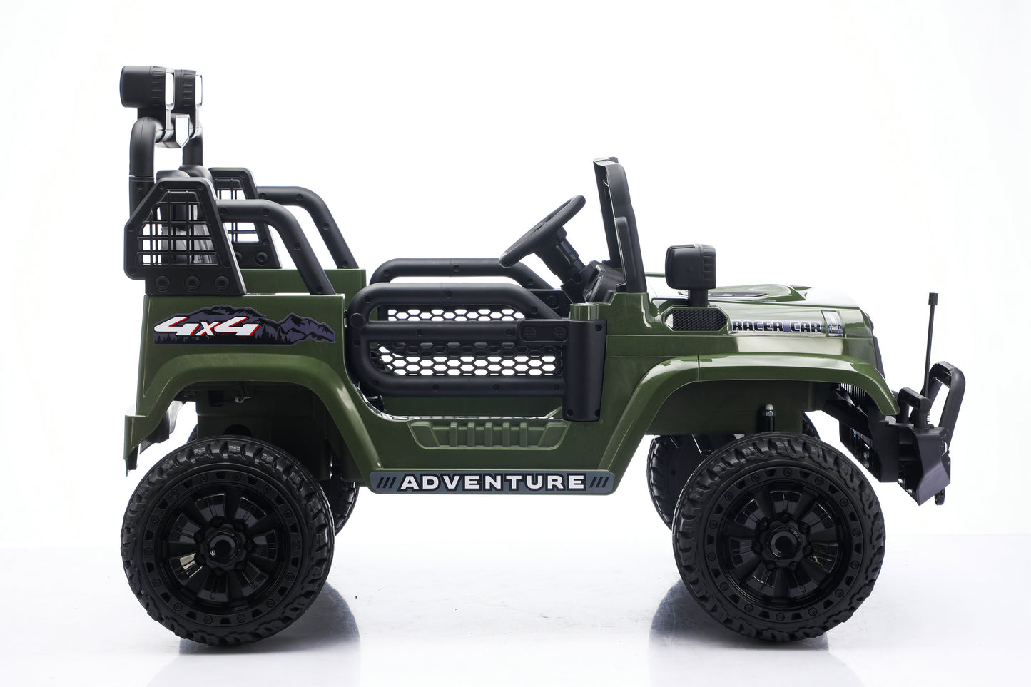 An olive green and black toy off-road jeep with '4x4' and 'ADVENTURE' decals, shown from a side profile on a white background.