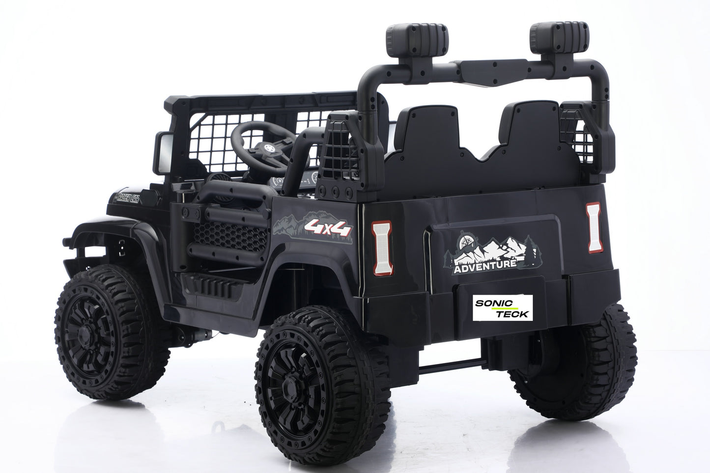 Black 4x4 toy off-road vehicle with dual seats, roll cage, and large black tires, shown on a white background.