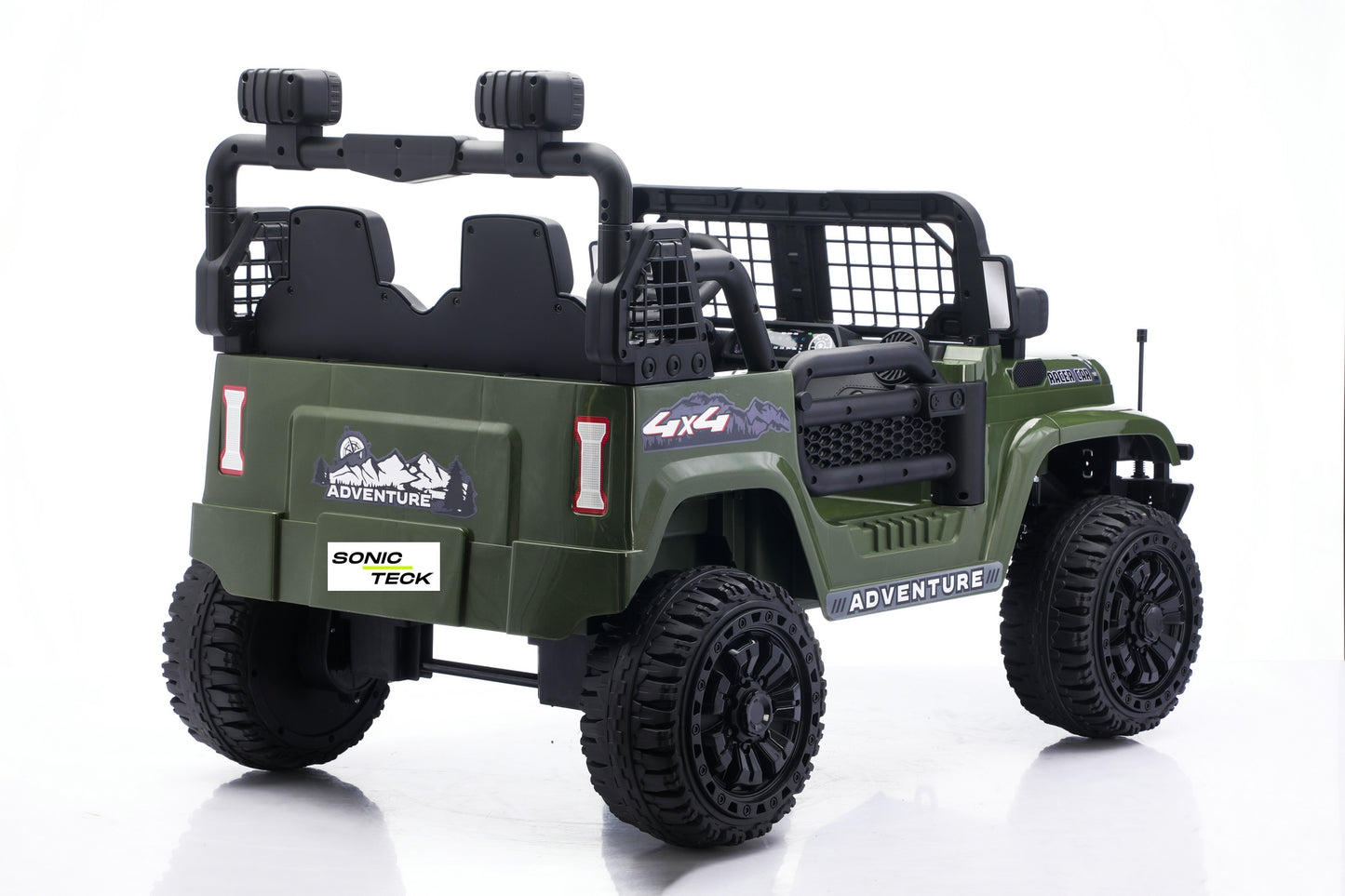 An olive green and black toy off-road jeep with 'SONIC TECH' and 'ADVENTURE' decals, shown from a three-quarter rear angle on a white background.