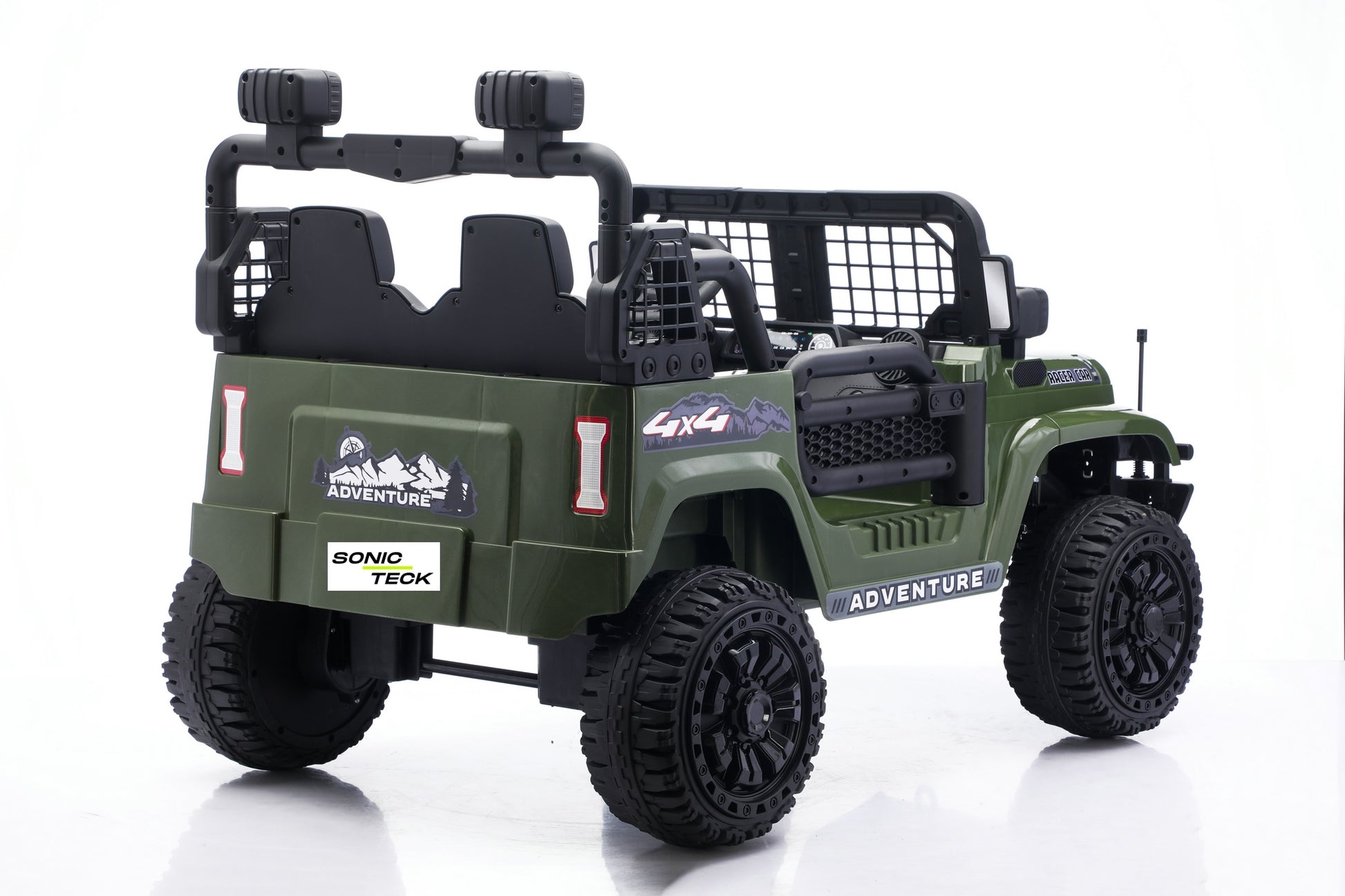 An olive green and black toy off-road jeep with 'SONIC TECH' and 'ADVENTURE' decals, shown from a three-quarter rear angle on a white background.