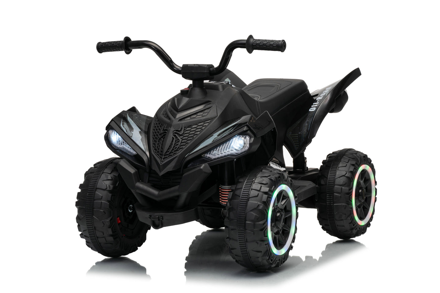 A black kids' ride-on ATV with four wheels, handlebars, and illuminated LED headlights, shown on a clean white background with a subtle reflection.
