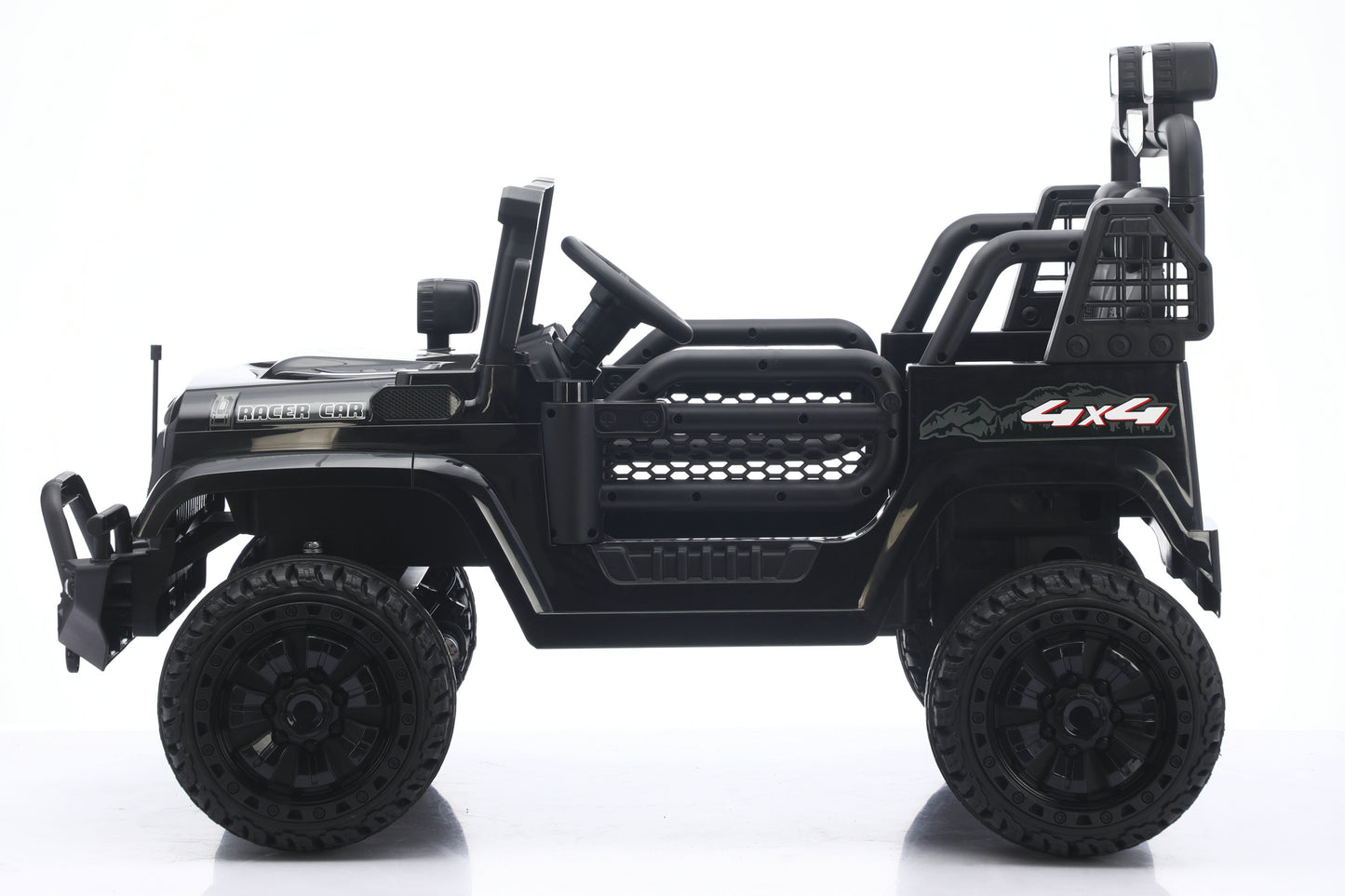 A black toy off-road jeep with large rugged tires, a roll cage, and '4x4' lettering on the side, shown from a side profile view against a white background.