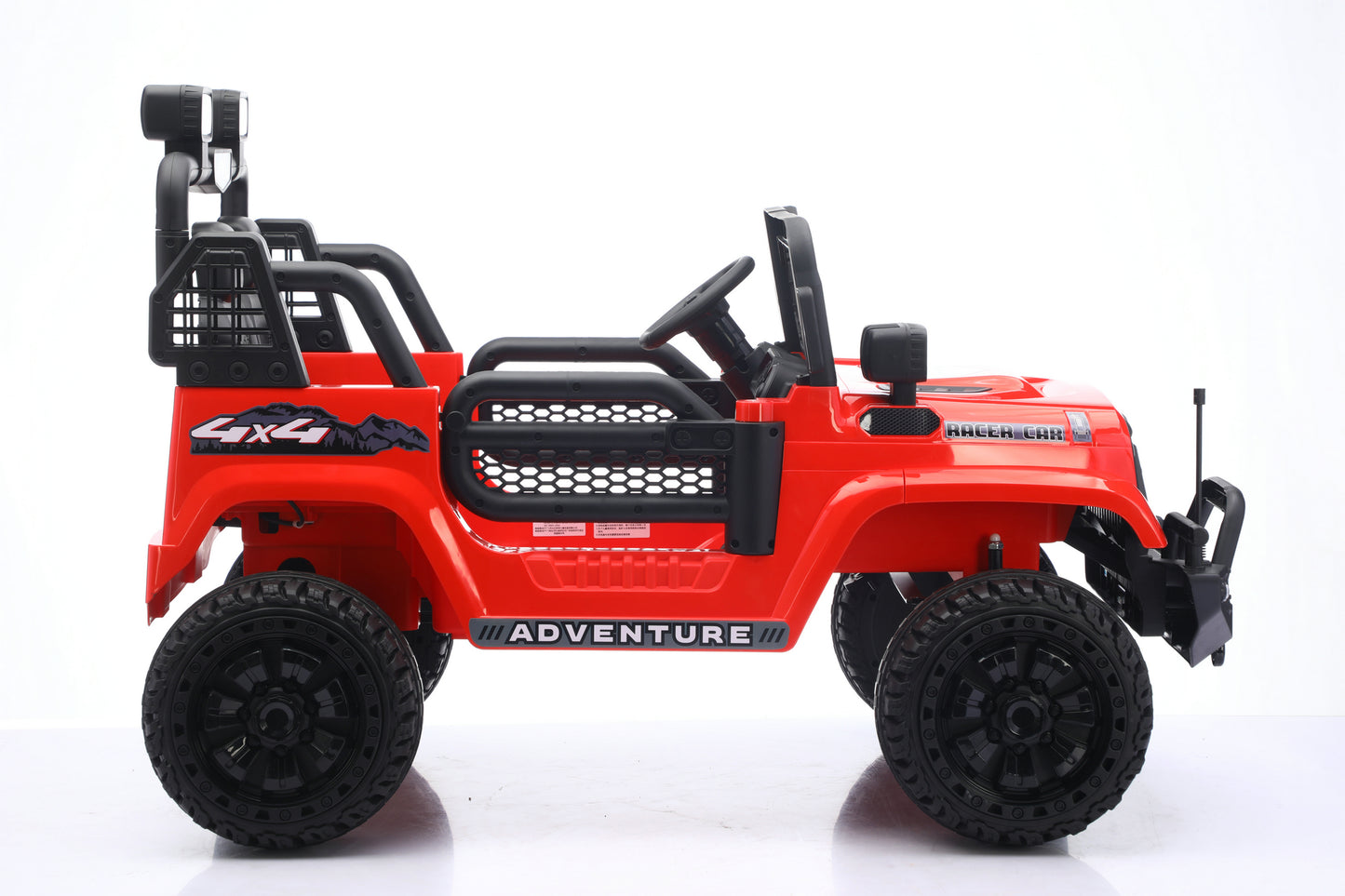 A red and black toy off-road jeep with '4x4' and 'ADVENTURE' decals, shown from a side profile on a white background.