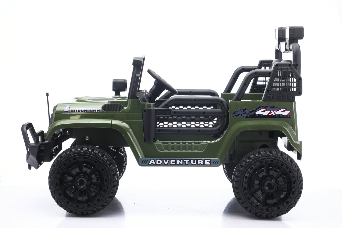 An olive green toy jeep with black wheels, roll bars, and bumpers, featuring 'ADVENTURE' and '4x4' decals, shown from a side profile on a white background.