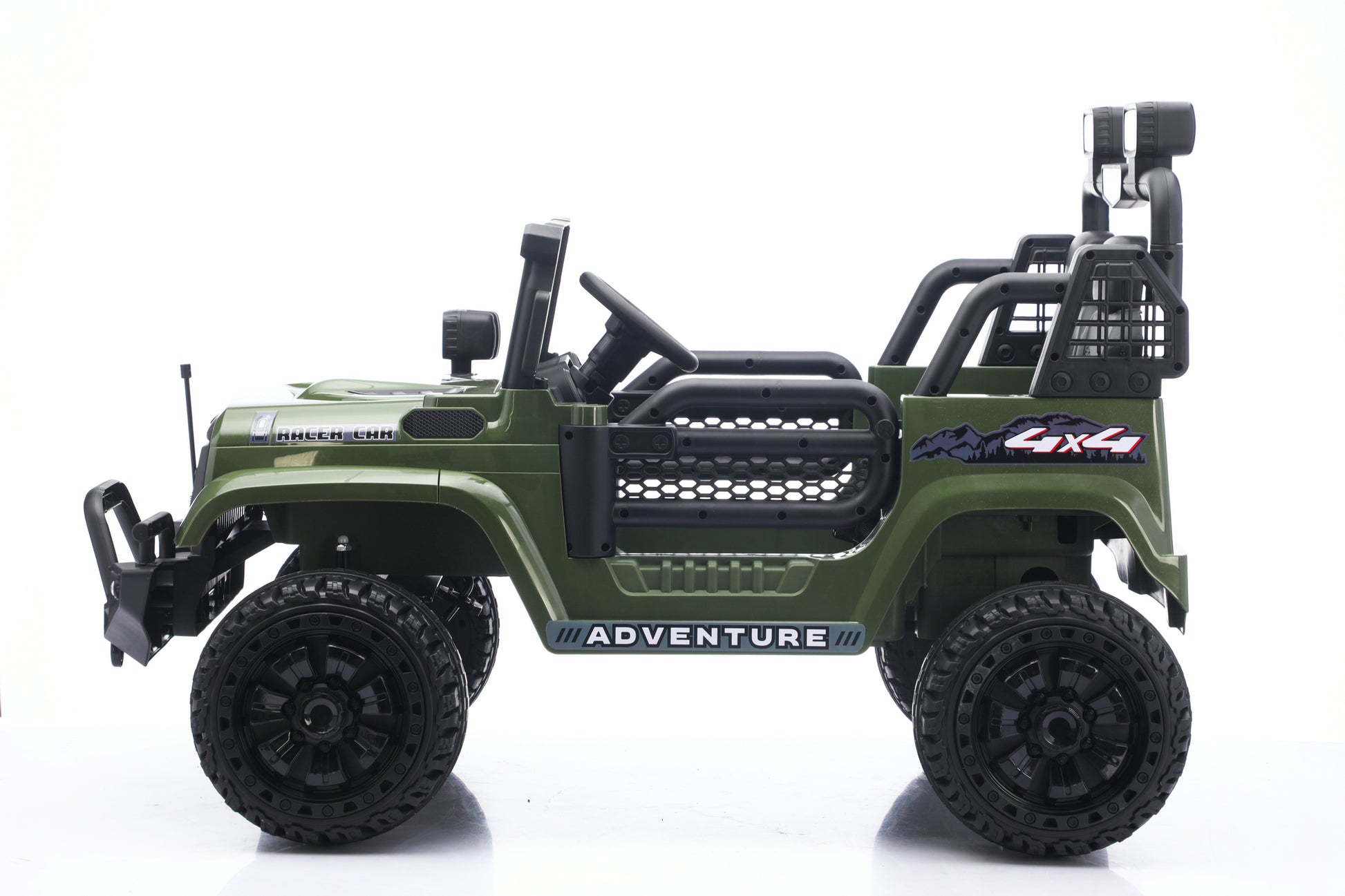 An olive green toy jeep with black wheels, roll bars, and bumpers, featuring 'ADVENTURE' and '4x4' decals, shown from a side profile on a white background.