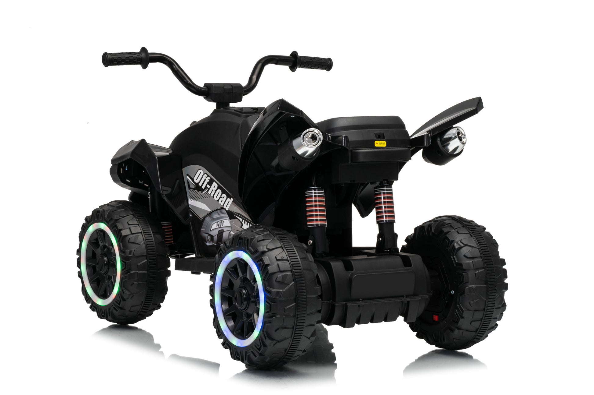 Black kids' electric ride-on ATV with large off-road tires, handlebars, and LED-lit wheel rims, shown on a white background.