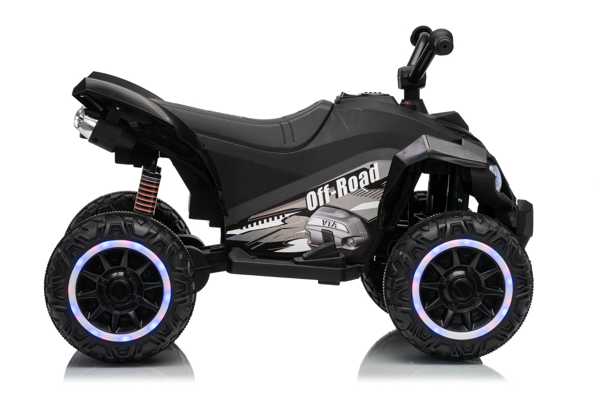 Black off-road kids' ride-on ATV with large knobby tires, LED lighted wheel rims, and 'Off-Road' text on the side, shown on a white background.