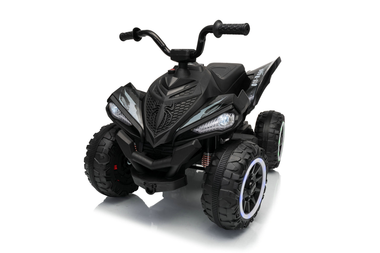 A black kids' electric ride-on ATV with rugged off-road tires, a high handlebar, and a sporty front grille, shown on a clean white background.