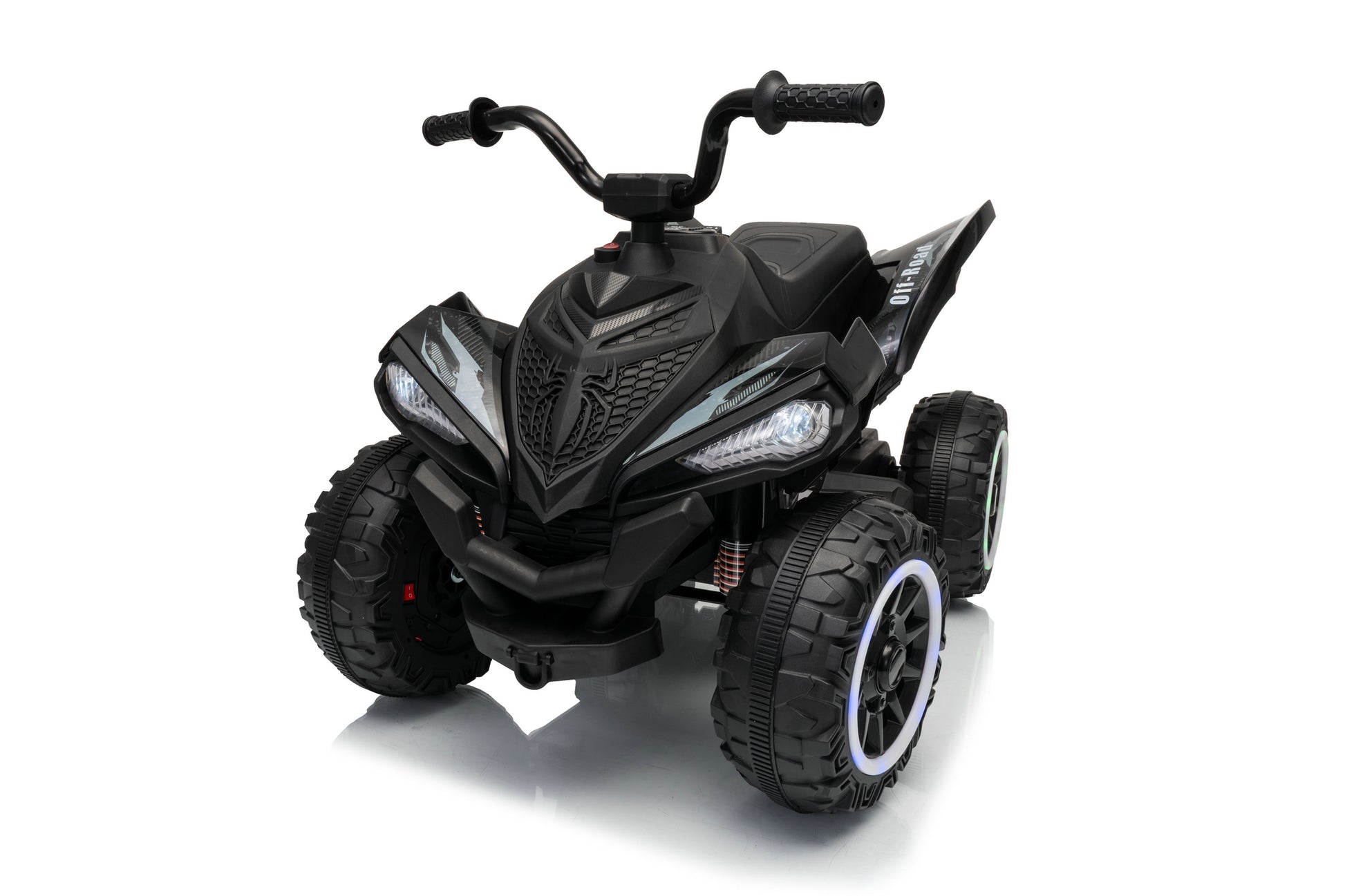 A black kids' electric ride-on ATV with rugged off-road tires, a high handlebar, and a sporty front grille, shown on a clean white background.