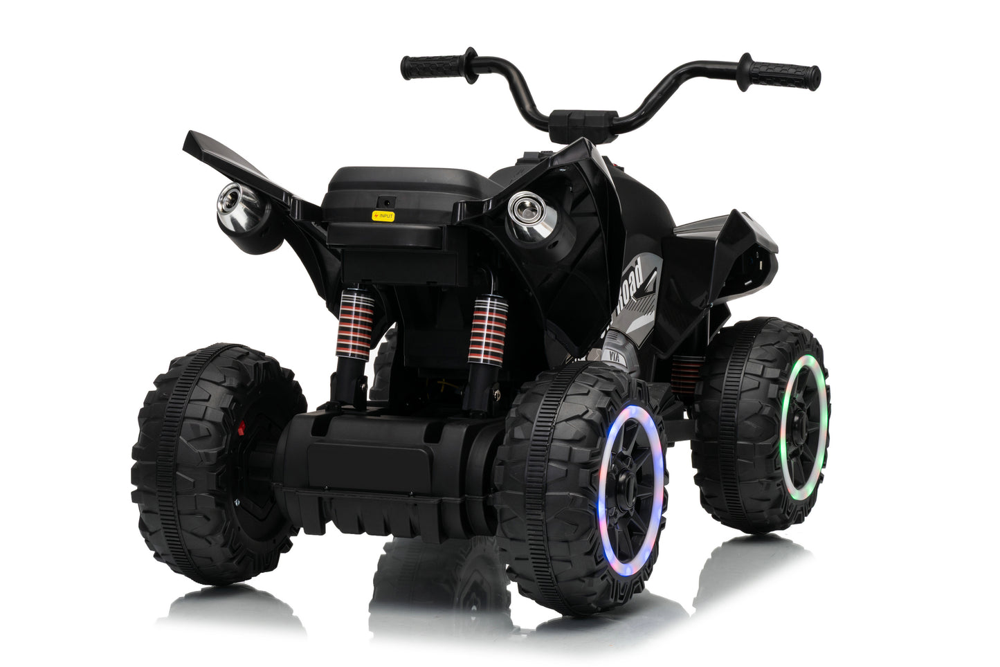 Black kids' electric ride-on ATV toy with rugged off-road tires, LED lighted wheels, and handlebars, shown on a white background with a reflection.