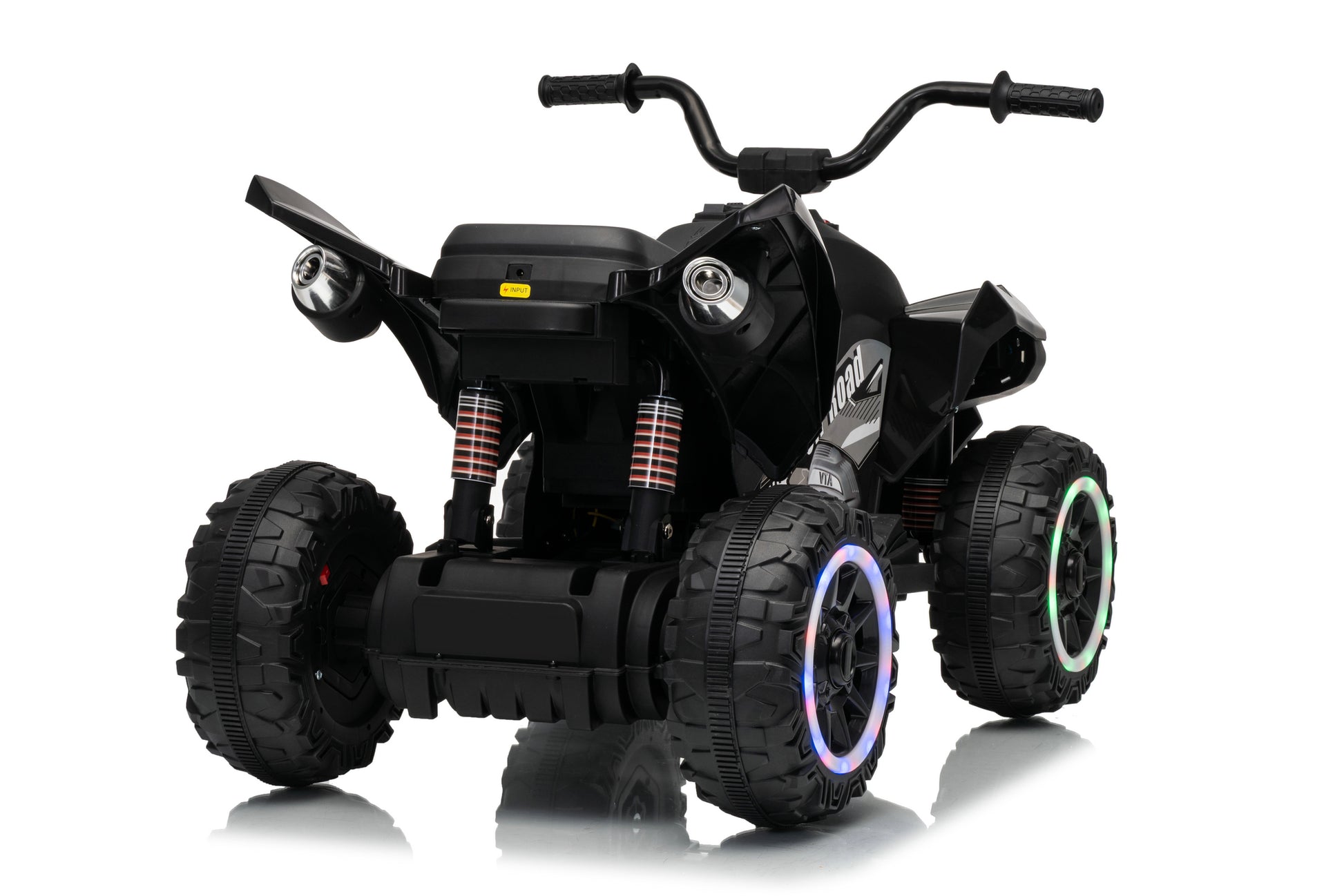 Black kids' electric ride-on ATV toy with rugged off-road tires, LED lighted wheels, and handlebars, shown on a white background with a reflection.