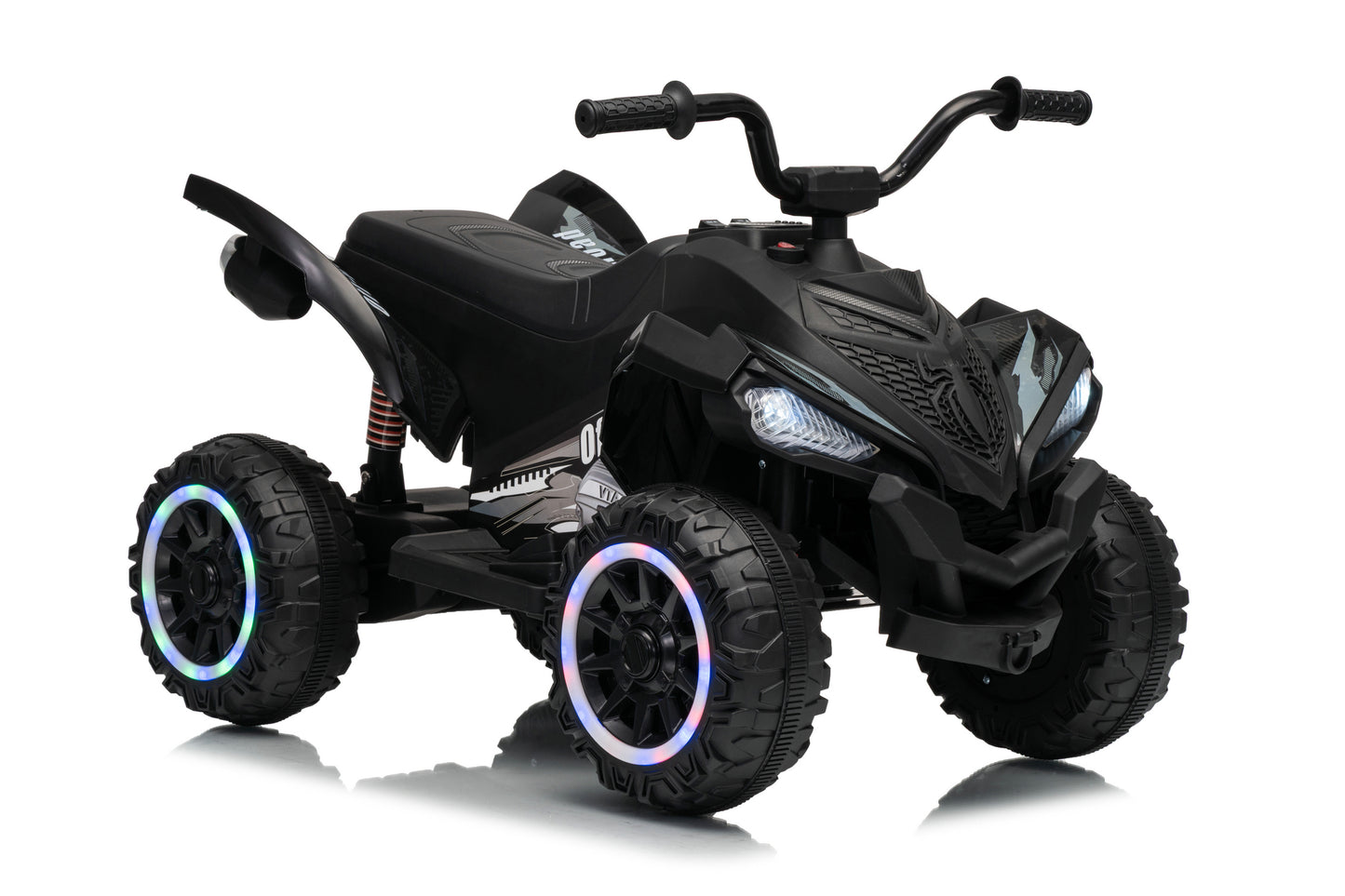 Black kids' electric ride-on ATV with four rugged tires, LED wheel lights, and a seat, shown on a white background.