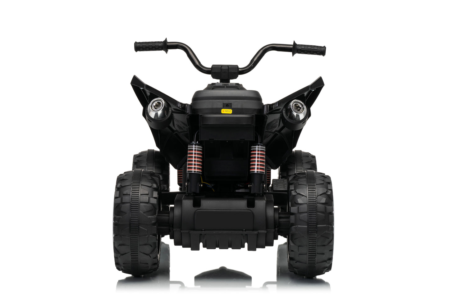 Black kids' electric ATV with handlebars, rugged tires, and dual headlight assemblies, shown from a front-facing perspective on a white background.