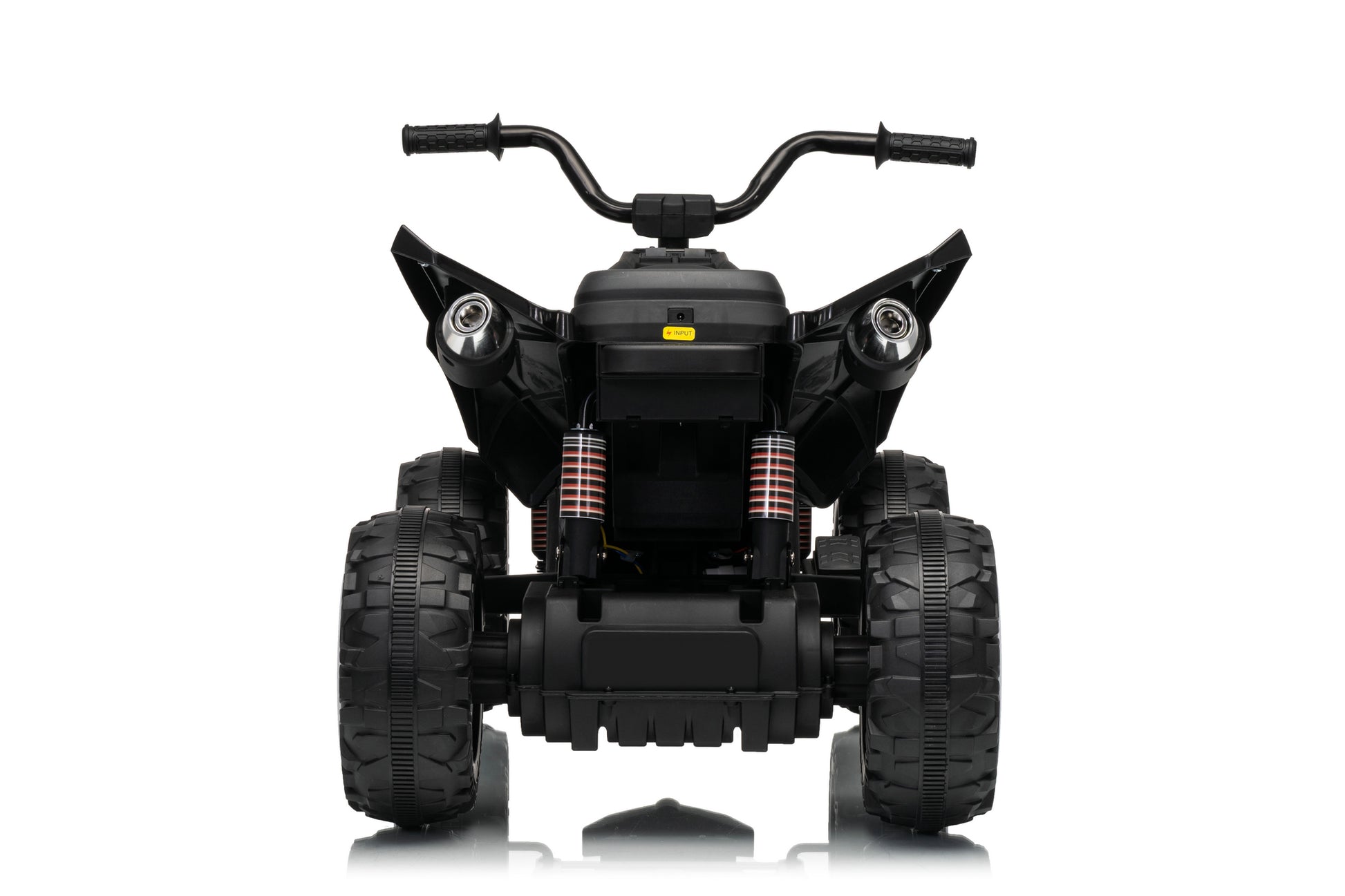 Black kids' electric ATV with handlebars, rugged tires, and dual headlight assemblies, shown from a front-facing perspective on a white background.