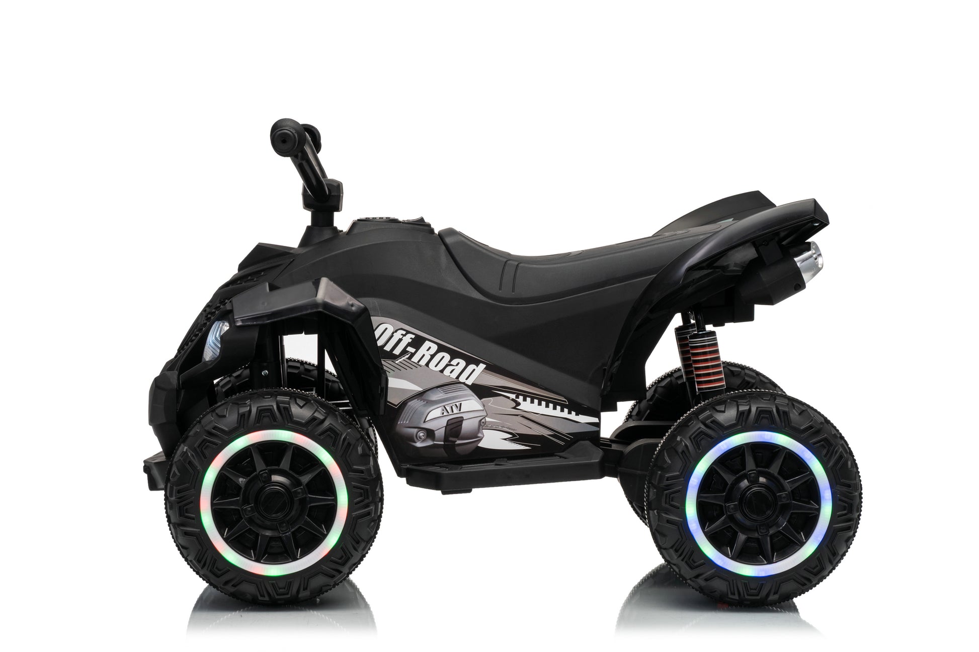 A black kids' ride-on ATV with large off-road tires, LED lighted wheel rims, and 'Off-Road' printed on the side, shown against a white background.
